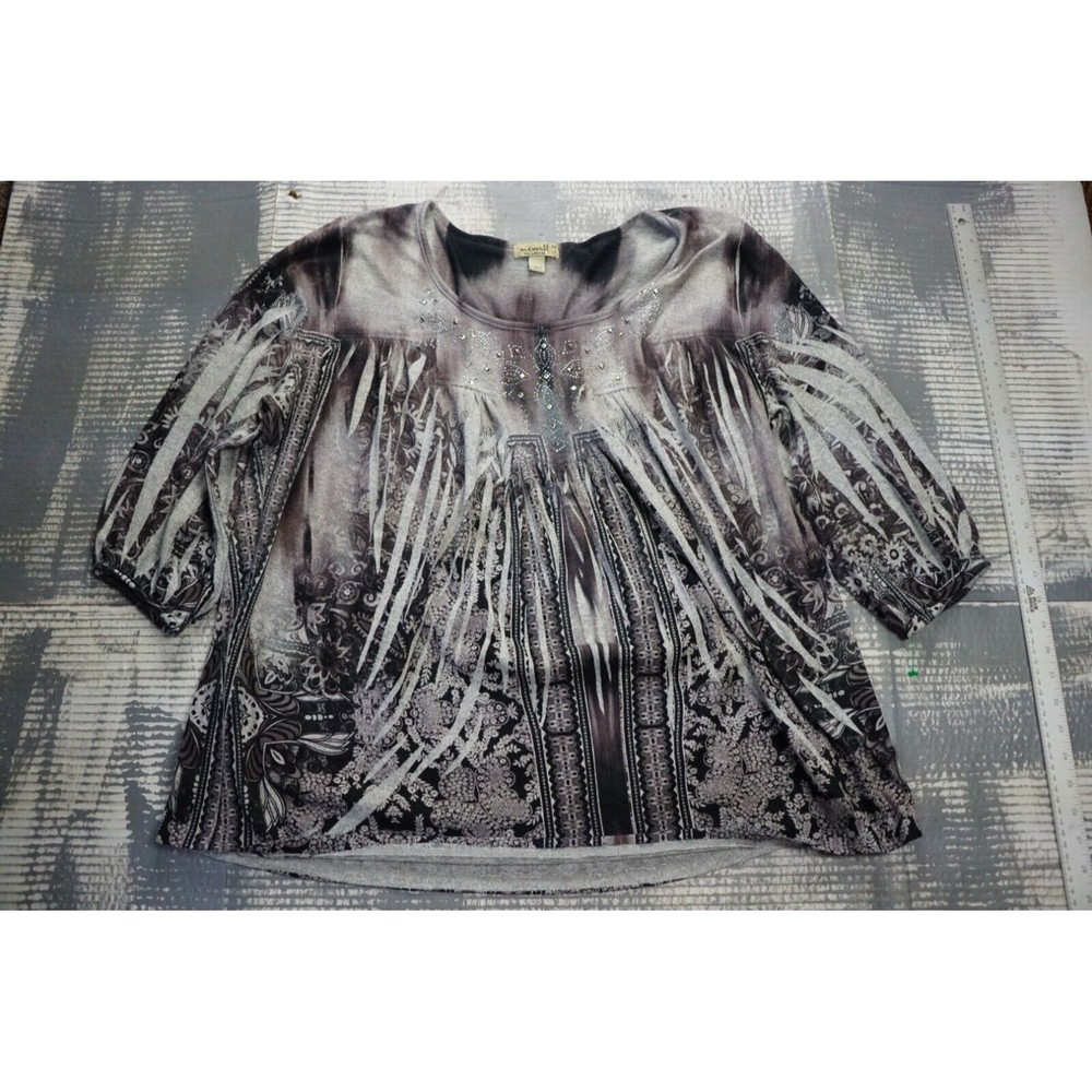One world blouse womens 2X black gray  sequin paisley boho loose fit 3/4 sleeve